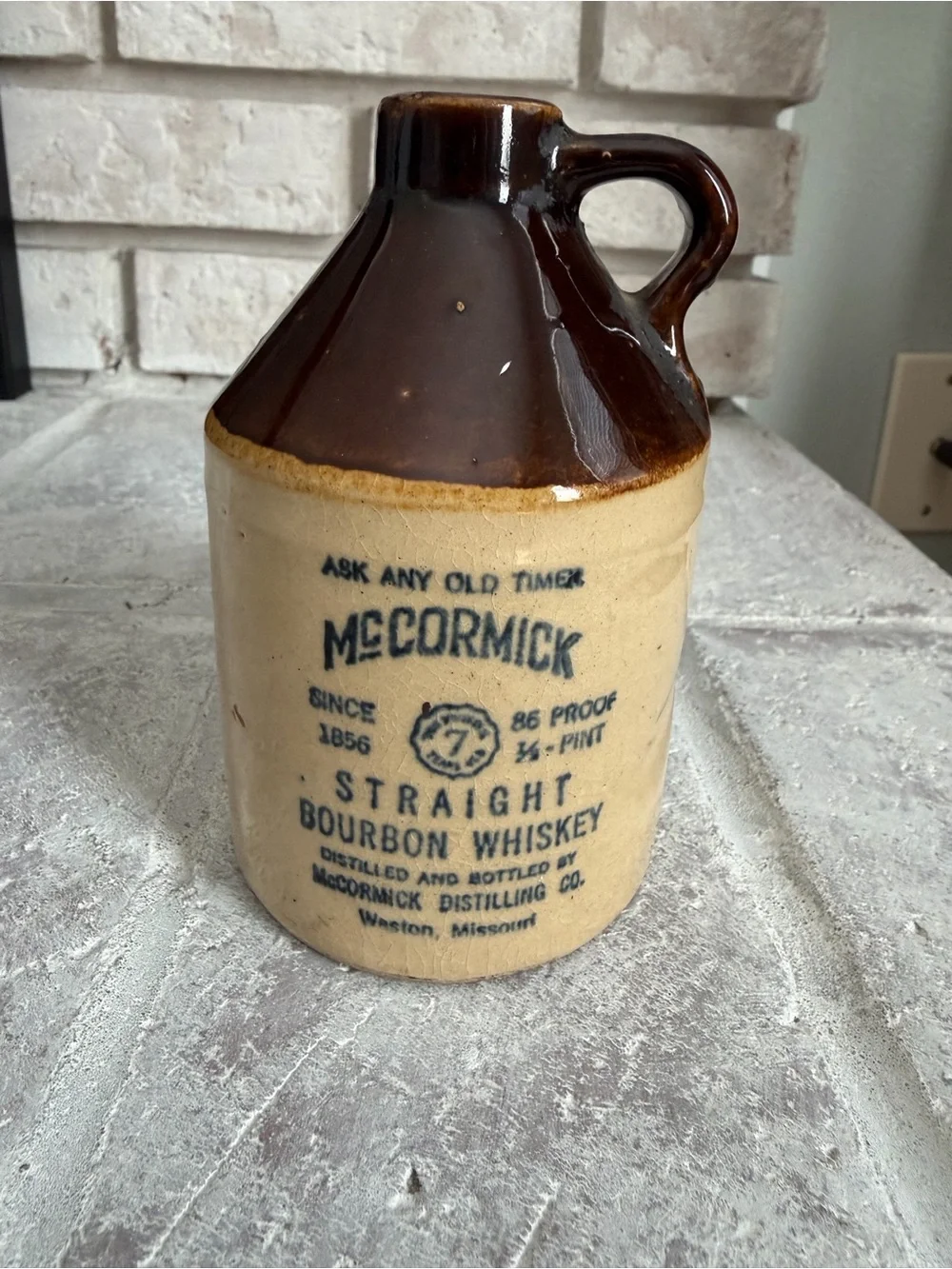 McCormack Two-Tone Brown Stoneware Bourbon 1/2 Pint Whiskey Jug